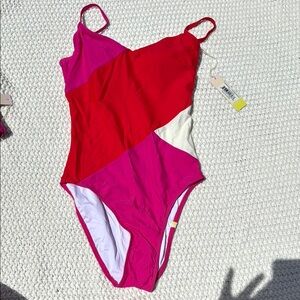 Vibrant Red and Pink Asymmetrical One Piece Swimsuit